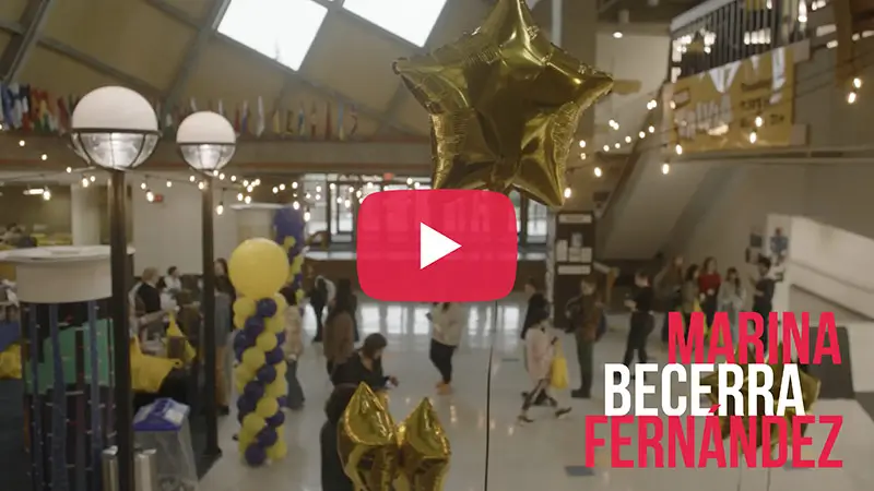 Scholarship winner video thumbnail for Mariana Becerra Fernandez at a celebration decorated with balloons.